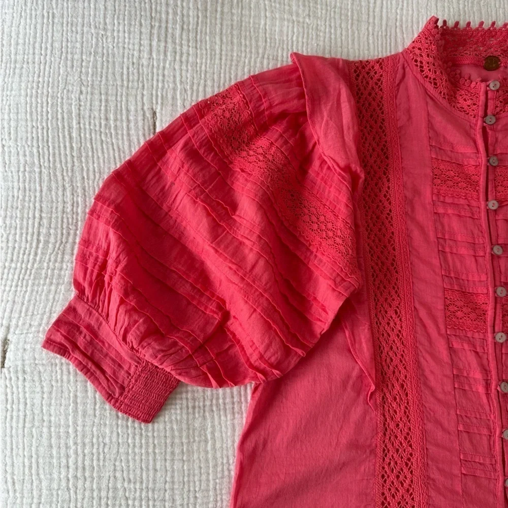 Free People One 100% Cotton Hot Pink Puff Sleeve Blouse XS NEW NWOT